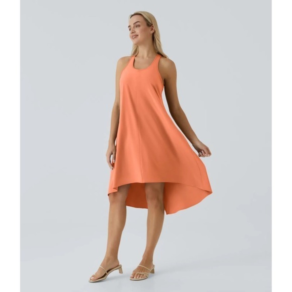 NWT Halara Breezeful Dress Racerback Womens M Orange Pockets High Low Flowy Midi